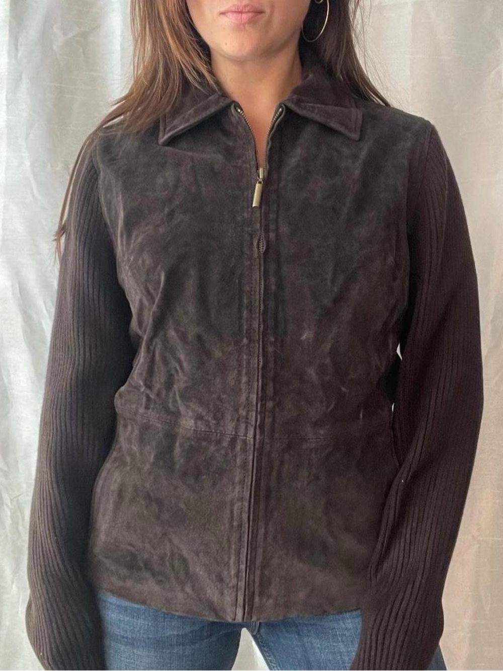 Vintage Suede Leather Jacket Womens Medium Dark Brown Knit Sleeves Indie 90s